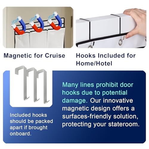 Magnetic Cruise Door Organizer – 13-Pocket Hanging Storage with 2 Large Shoe Pockets, No Hook Needed, Includes 3 Bonus Hooks, 2025 2026 Cruise Ship Essentials for Cabin, Bathroom, or Closet Use - view 5
