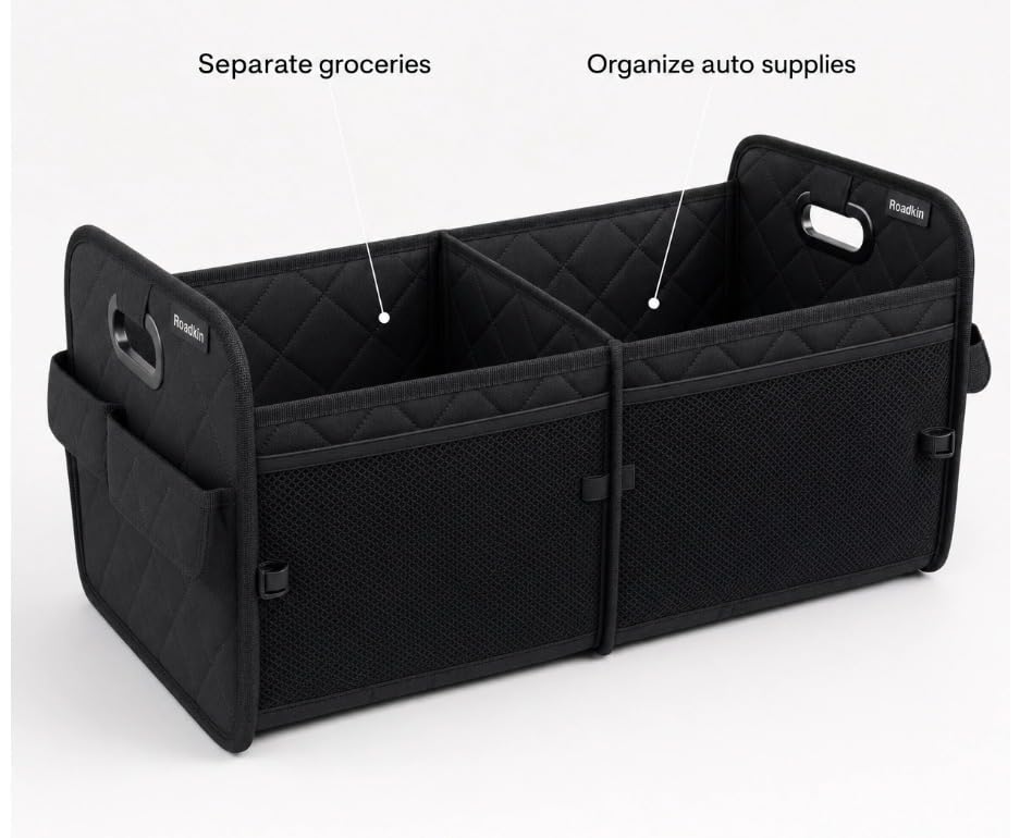Car Organizer Caddy Oxford Quilted Trunk Organizer, Waterproof Storage Tote with Handles for Front Seat, Backseat, SUV, Truck, Van, Black - view 2