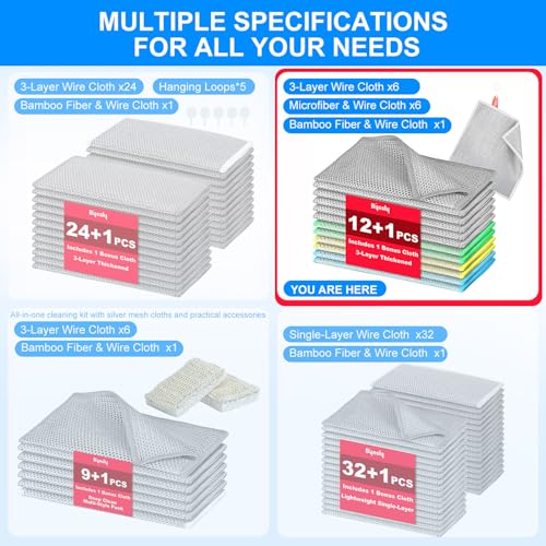 Non Scratch Wire Dishcloth, Metallic Fiber Cleaning Cloths - 12+1 Pcs Mixed Set 3-Layer & Microfiber Wire, for Dishes, Sinks & Pans (7.87x7.87 Inches) - view 7