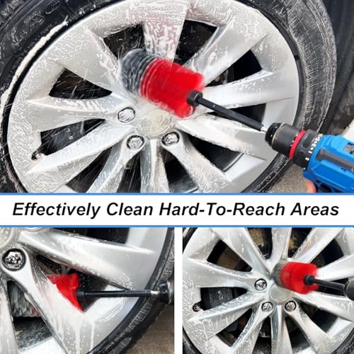 Wheel Brush Kit, Soft Drill Wheel Cleaner Brush, No Scratches Highly Dense Car Cleaning Brush Set for Wheels, Rims, Engines, Exhaust(Red/Black,2Pcs) - view 4