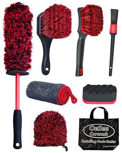 8PCS Wheel Cleaning Kit with Microfiber Brush & Rubber Grip Tire Brush, Twist Loop Drying Towel, Detailing Brush, Applicator for Car Rim and Tire Care