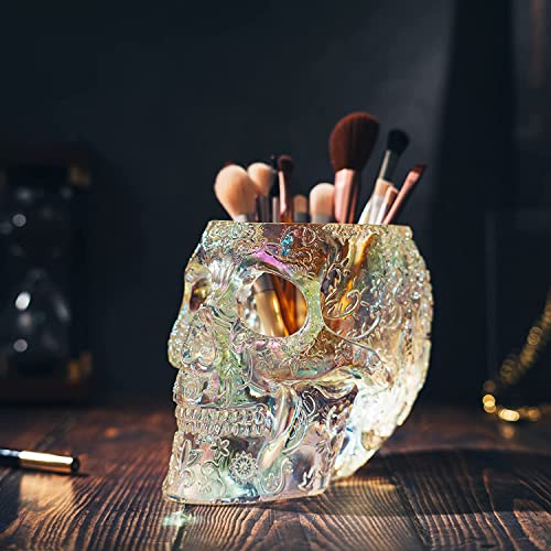 Skull Makeup Brush Holder, Pen Holder, Vanity, Desk, Office Organizer, Stationary, Decor Planter, Candy Bowl, Goth Decorations, Extra Large, Skulls Gothic Skull & Bones Organizer Bathroom (iridescent) - view 5