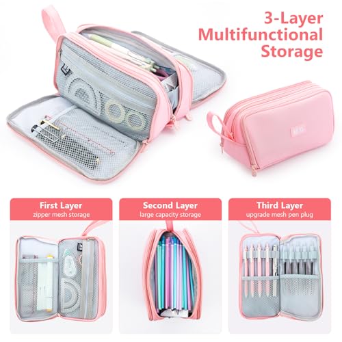 Large Pencil Case 3 Compartment Pouch Pen Bag Pink - view 3