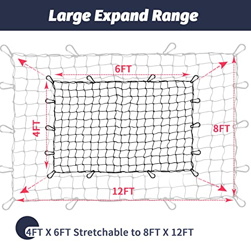 Cargo Net for Truck Pickup 4'x6' Stretches to 8'x12' Heavy Duty Truck Bed Cargo Net 12 Tangle-Free Clip Carabiners and 1 Storage Bag Small 4" x 4" Mesh Universal Car Organizer Net for Large Loads - view 2