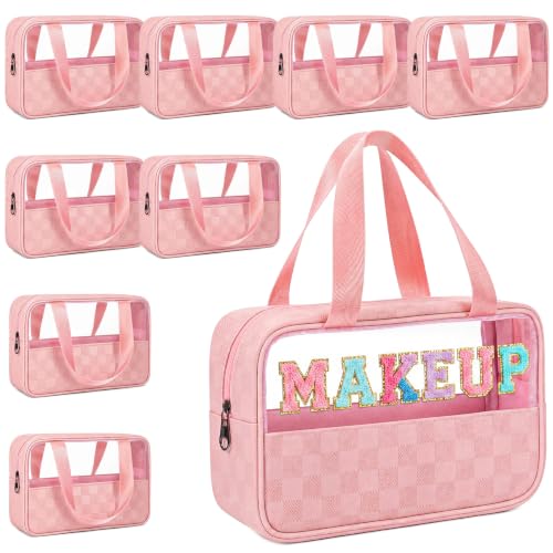 9 Pcs Translucent Makeup Bag Clear Travel Organizer, Pink Checkered