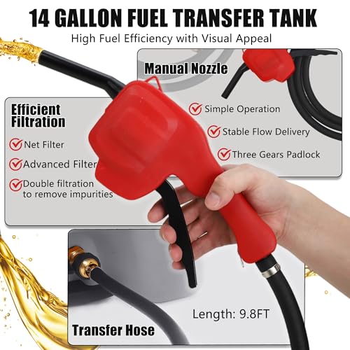 Fuel Caddy, 14 Gallon Portable Gas Fuel Tank Container with LE Fluid Transfer Siphon Pump and 10ft. Delivery Hose, Diesel Storage Can On-Wheels for Cars, Lawn Mowers, ATVs, Boats -Gray - view 6
