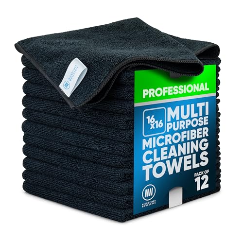 MW Pro 16x16 Auto Detailing Towels - Plush Car Drying Cloths for Wax Removal, Interiors & Body Shops - Scratch Free (Black, 12-Pack)
