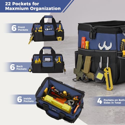16-Inch Heavy Duty Tool Bag, 22 Pockets Empty Tool Box Organizer Storage, Soft Large Tote Toolbox Organization Portable Handle Carry Drill Toolbag for Handyman Home DIYer, Dad Men Gifts, Blue - view 3