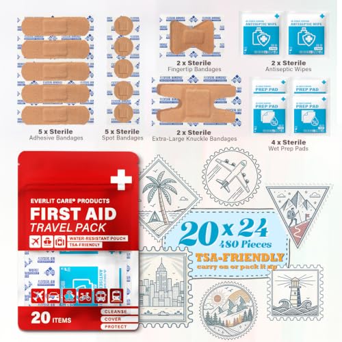 Travel Bandage Pack | 24 Individual Packets, Bulk Portable Mini First Aid Kit with 20 On-the-Go Essentials | Compact Water-Resistant Reusable Pouch to Clean, Cover & Protect - view 2