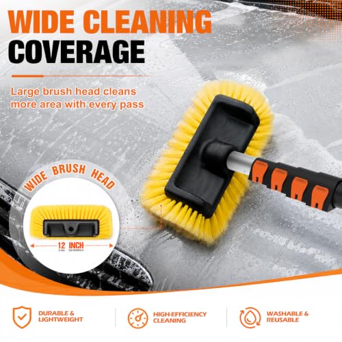 12FT Car Wash Brush with Long Handle, Car Cleaning Brush with 12 Inch Soft Bristle, Solar Panels Cleaner with Telescoping Pole for RV, Truck, Boat, House Siding - view 3