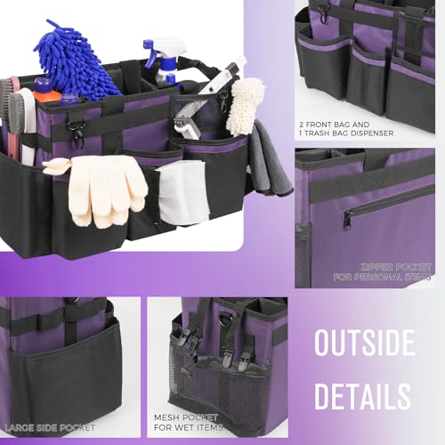 Wearable Cleaning Caddy, Cleaning Caddy Supplies Organizer with Handle & Shoulder Straps for Housekeepers, Under Sink & Car Cleaning Tool Organizers Bag with 4 Foldable Divider (Purple) - view 3