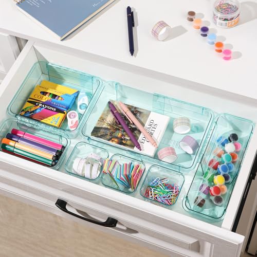 25 Pcs Clear Drawer Organizer, Adjustable Drawer Storage Box, 3-Size Desk Drawer Organizer, Acrylic Storage Bins for Makeup, Kitchen Utensils, Bedroom Dressers Tool Organizer for Gadgets, Blue - view 5