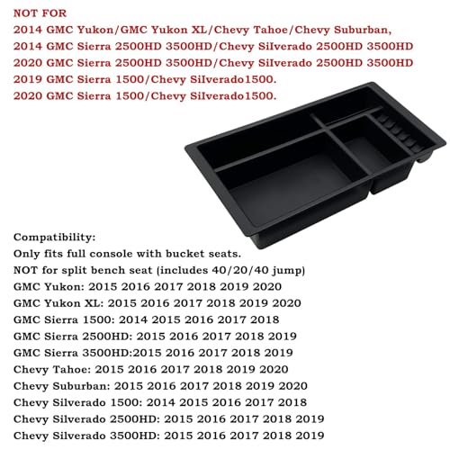 Center Console Organizer Compatible with 2015-2020 Chevy Yukon Tahoe Suburban and 2014-2018 GMC Sierra Silverado Tray Accessories Armrest Storage-Full Console w/Bucket Seats ONLY - view 2