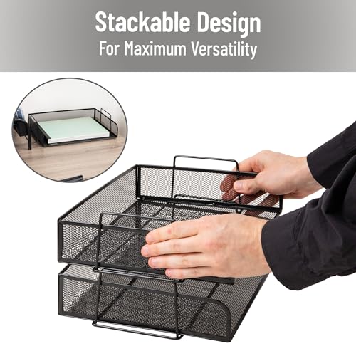 Stackable Paper Tray, Desktop Organizer, File Storage, Office, Metal Mesh, 2 Pcs., Black - view 4