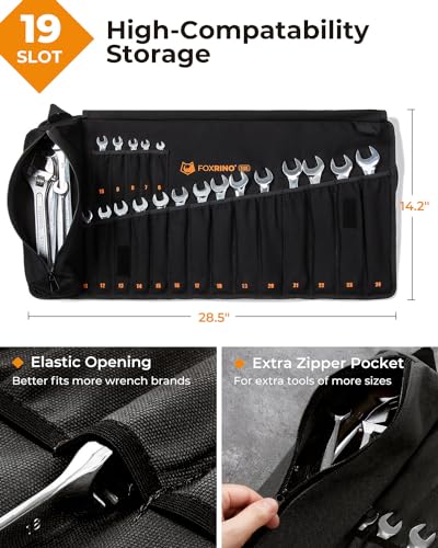 Wrench Roll, Wrench Roll Up Pouch, 19-Pocket Heavy Duty Canvas Wrench Organizer Bag for Metric Combination Wrenches, Portable Tool Roll Bag, Gifts for Men for Fathers Day(Black, 19+1 Metric) - view 2