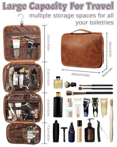 Large Personalized Toiletry Bag, Gifts for Men Custom Engraved Leather Travel Bag, Engraved Name Waterproof Travel Kit & Gifts for Him Husband Father (Father's Day, Christmas) - view 3