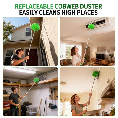 Cobweb Duster with Extension Pole, Washable Cleaning Duster Kit with 3 Duster Heads, Cobweb Duster, Corner Brush, Aluminum Telescoping Pole for high Ceiling Fan，Spider Web Brush with Extension Pole - view 4