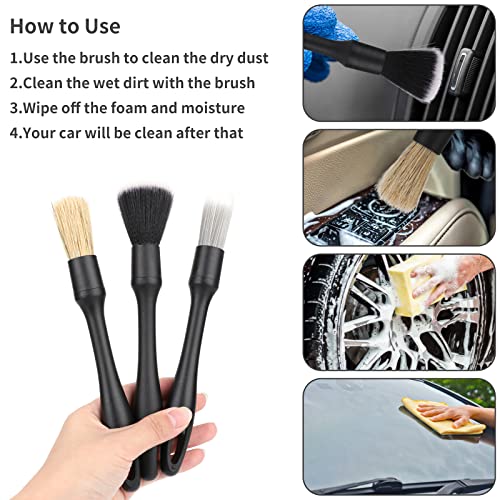 Car Detailing Brush Set, 3 Pcs Car Interior Detailing Brushes Natural Boars Hair Detail Brush Auto Ultra-Soft Detail Cleaning Brush Tool for Interior/Exterior Automotive Trim Wheel Rim Engine - view 6