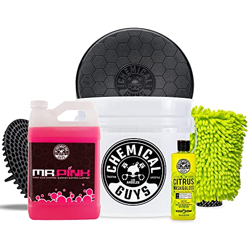 CWS_402BK Car Wash Detailing Bucket, Mitt & Accessories Bundle (6 Items) Featuring Mr. Pink Foaming Car Wash Soap, 128 fl oz (1 Gal) Works on Cars, Trucks, SUVs, RVs & More