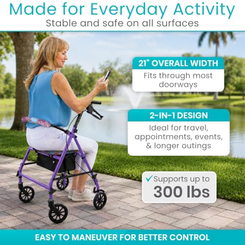Steel Rollator Walker with Seat - Foldable, Narrow, Rolling - view 4