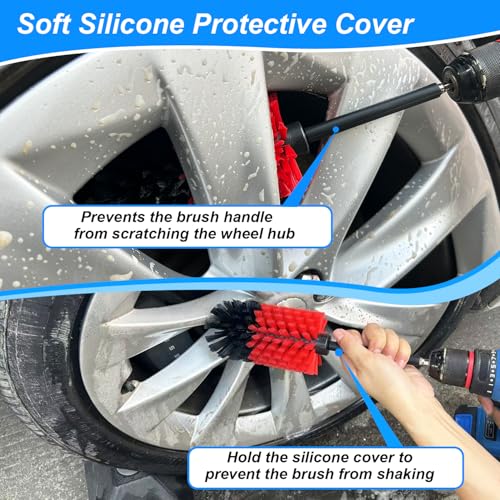 Wheel Brush Kit, Soft Drill Wheel Cleaner Brush, No Scratches Highly Dense Car Cleaning Brush Set for Wheels, Rims, Engines, Exhaust(Red/Black,2Pcs) - view 6