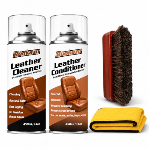 Leather Cleaner and Conditioner Kit,2 x 14 oz Car Leather Care Set with Horsehair Cleaning Brush, Deep Cleans, Conditions and Restores Car Interiors, Furniture, Shoes, Boots, Bags & Apparel