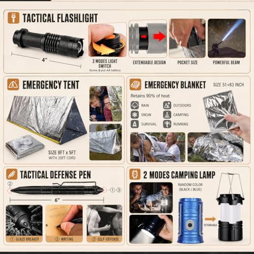 Survival Kit, 250Pcs Survival Gear First Aid Kit with Molle System Compatible Bag and Emergency Tent, Emergency Kit for Earthquake, Outdoor Adventure, Hiking, Hunting, Gifts for Men Women - view 4