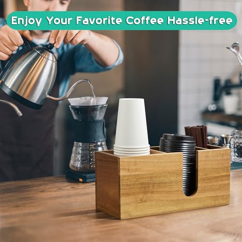 Large Acacia Wood Coffee Cup Organizer for Disposable Cups, Lids and Stir Sticks - 3-Compartment Countertop Cup Holder Storage Rack for Coffee Station, Kitchen, Office - view 6