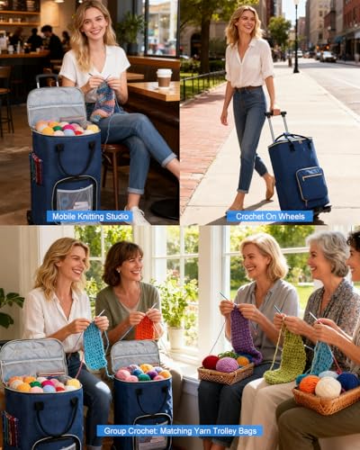Portable Crochet Bag, Extra Large Yarn Storage for Crochet Accessories and Supplies, Yarn Bags with Wheels and Telescoping Handle, Durable Knitting Bag for Craft Enthusiasts - view 6