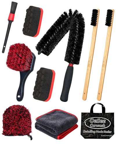 10PCS Engine Bay Cleaning Kit, Professional Under Hood Detailing Tools with Long Bendable Brush & Natural Bamboo Horsehair Brush, Applicators, Towel for Car, Truck