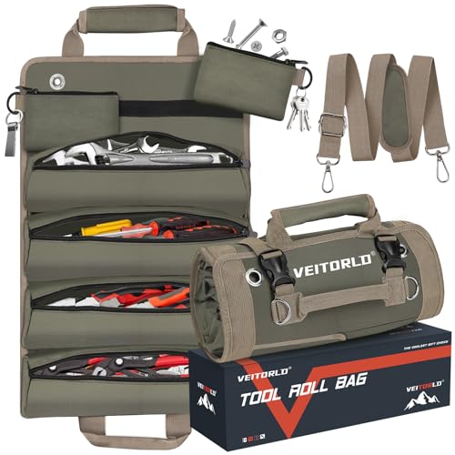 Tool Roll Up Bag, Gifts for Men Dad from Wife Daughter Fathers Day, Portable Tools Box Storage for Men, Heavy Duty Tool Organizer W/Detachable Pouches for Electrician Mechanic Carpenter