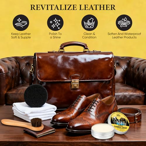 Saddle Soap for Leather 3.52oz,3-in-1 Leather Cleaner & Conditioner to Soften,Protect Leathercraft with Horsehair Brush & Cloth,Leather Soap for Car Interior,Couch,Shoe,Purse,Boot,Bag & Saddle - view 2