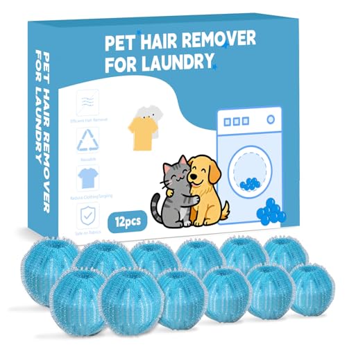 Pet Hair Remover for Laundry, pet Hair Remover for Washer and pet Hair Remover for Dryer, Dryer Balls pet Hair, Reusable Dog & Cat Hair Catcher for Clothes, Bedding & Blankets, Pick of 12