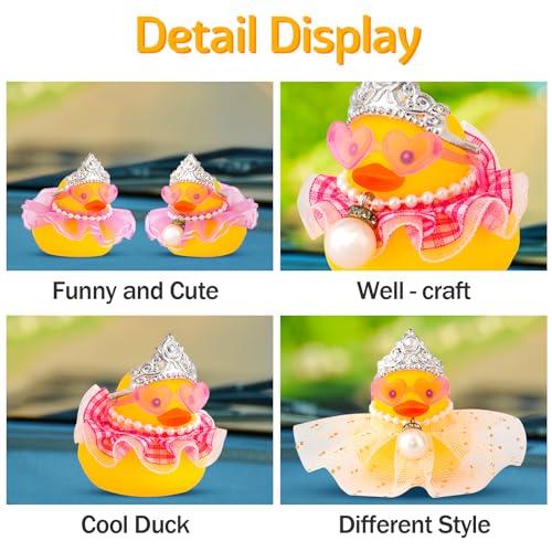 Car Rubber Duck Decoration Cute Princess Car Accessories Car Ducks for Dashboard with Crown Skirt Dress Love Heart Sunglasses Necklace - view 3