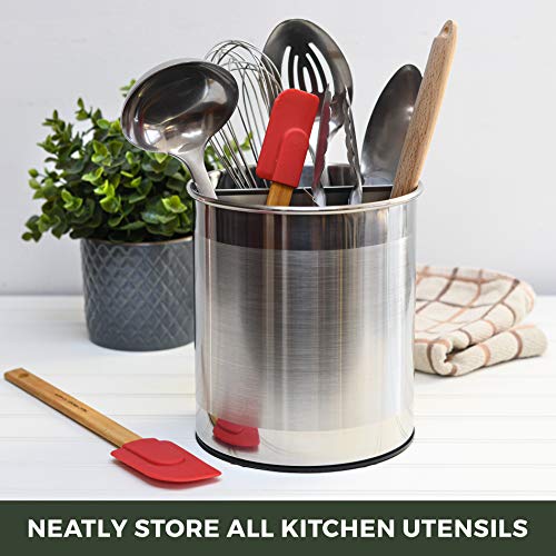 Extra Large Stainless Steel Kitchen Utensil Holder - 360° Rotating Utensil Caddy - Weighted Base for Stability - Countertop Organizer Crock With Removable Divider (Brushed Stainless Steel) - view 5