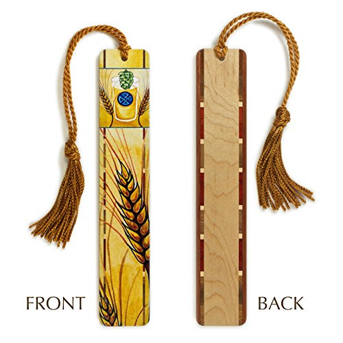 Beer Hops and Barley Wooden Bookmark | Craft Beer Art for Beer Lovers by Christi Sobel | Handmade Wood Bookmark with Copper Collegiate-Style Chainette Tassel | Made in the USA - view 3