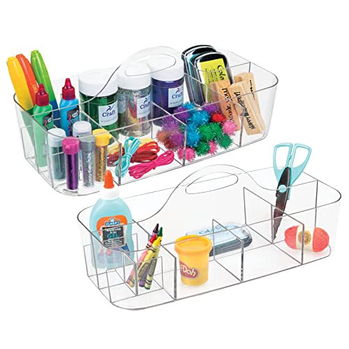 Plastic Divided Art and Craft Storage Organizer Caddy Tote Bin with Handle for Home Office and Living Room - Holds Pencils, Crayons, Sewing Supplies - Lumiere Collection, 2 Pack, Clear
