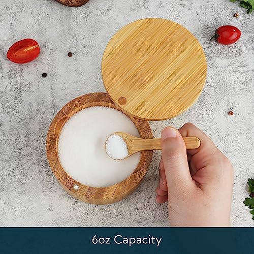 Bamboo Salt Cellar Bowl Box Container with Built-in Spoon, Elegant Kitchen Salt Dish Holder Saver Jar with Swivel Magnetic Lid to Storage Pepper Spice, 6OZ - view 2