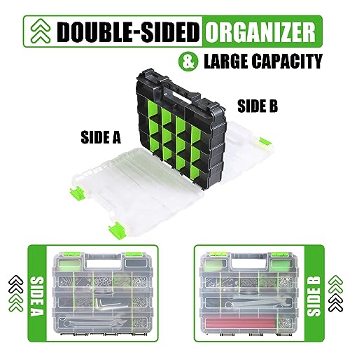 Tool Box with Transparent Lid, Double Side 34-Compartments Organizer Box with Removable Dividers for Hardware, Screws, Bolts, Nails, Beads, Jewelry and Fishing Accessories, Green, 2 Packs - view 6