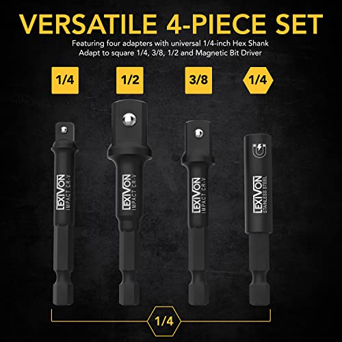 Impact Socket Adapter & Magnetic Bit Holder Set | 4 Pieces of 1/4-Inch Hex Shank Extension to 1/4", 3/8", and 1/2" Drive | Includes Organizer Rack (LX-104) - view 6