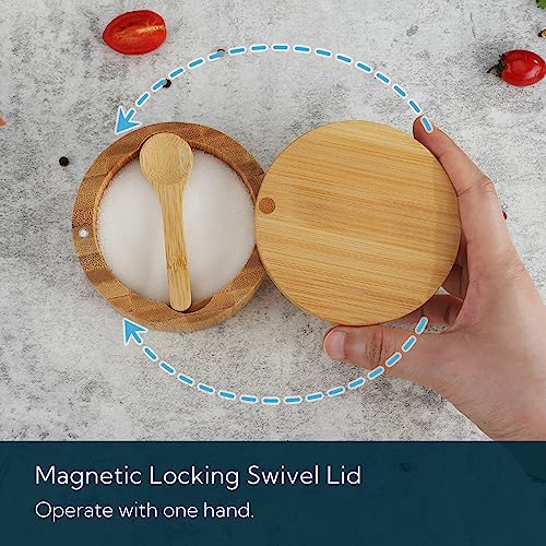 Bamboo Salt Cellar Bowl Box Container with Built-in Spoon, Elegant Kitchen Salt Dish Holder Saver Jar with Swivel Magnetic Lid to Storage Pepper Spice, 6OZ - view 4