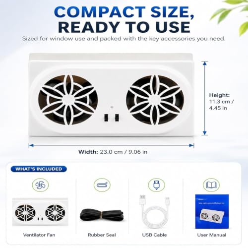 Solar Powered Car Window Fan, Dual Turbo Car Window Exhaust Fan with Ventilation System, Solar Car Ventilation Fan for Fast Heat & Odor Removal, Quiet Car Window Vent for SUV Truck RV (white) - view 7