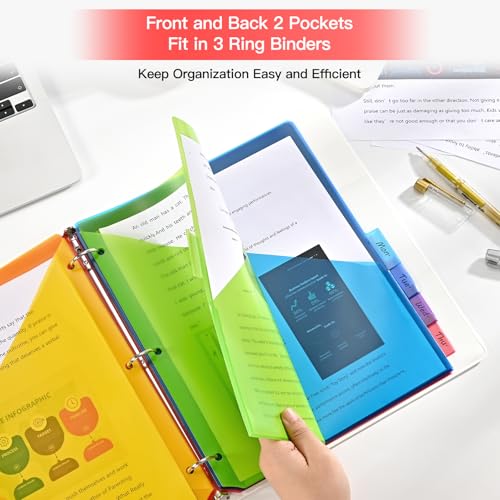 8-Tab Insertable Binder Dividers with Double Pockets - Translucent Plastic Page Separators for 3 Ring Binder, Front & Back Storage, Durable Poly, Letter Size, Rainbow Colors, 2-Pack - view 3