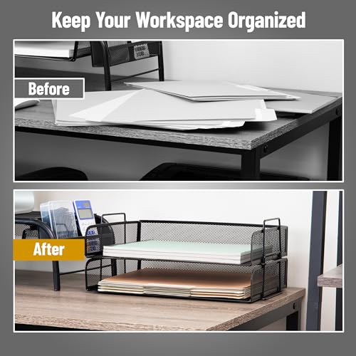 Stackable Paper Tray, Desktop Organizer, File Storage, Office, Metal Mesh, 2 Pcs., Black - view 5