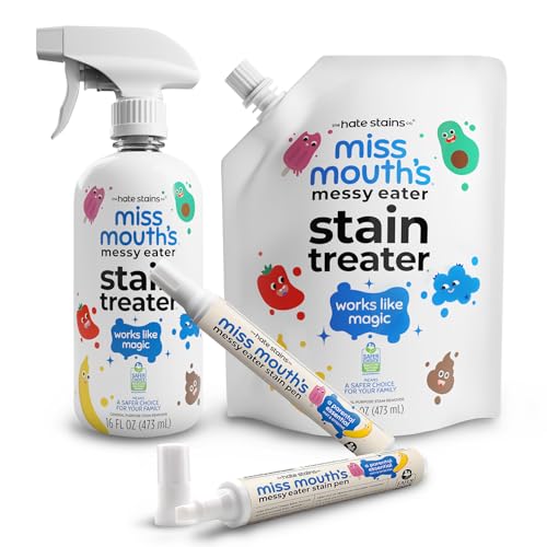 Messy Eater Stain Treater Bundle - 16oz Spray + 16oz Refill Pouch + 2 Pack To Go Instant Stain Remover Pens - Baby Laundry Essentials - Travel Size On The Go Kit