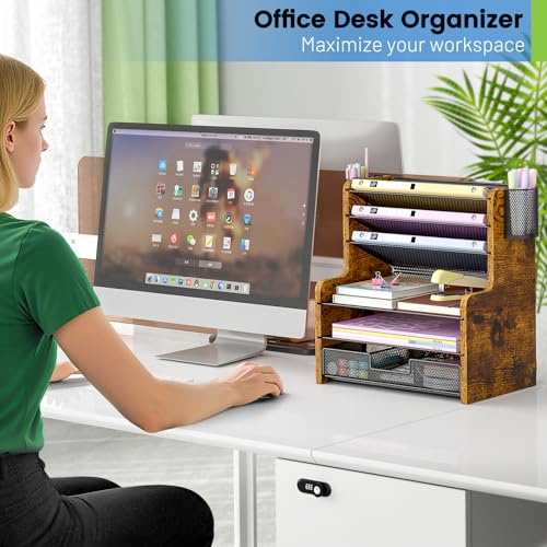 6-Tier Mesh Desk Organizer with Drawer, Wooden Office Organizer for Papers, Folders & Office Supplies - Sturdy Desktop File Holder with 2 Pen Holders - Space Saving Home Office Accessories - view 5