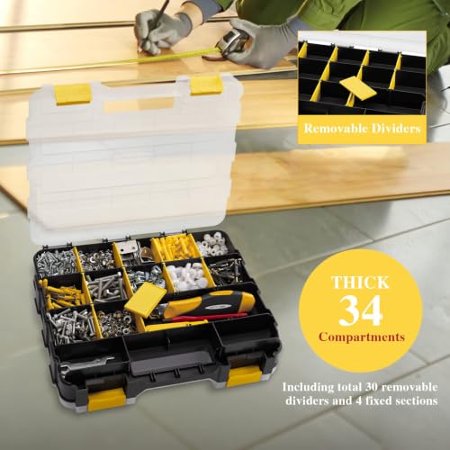 Hardware Organizer Box 34 Compartments Small Parts Organizer with Removable Dividers Durable Plastic Double Side Tools Box Screw Organizer For Nuts, Bolts, Screws, Nails, Small Hardware (Yellow) - view 6