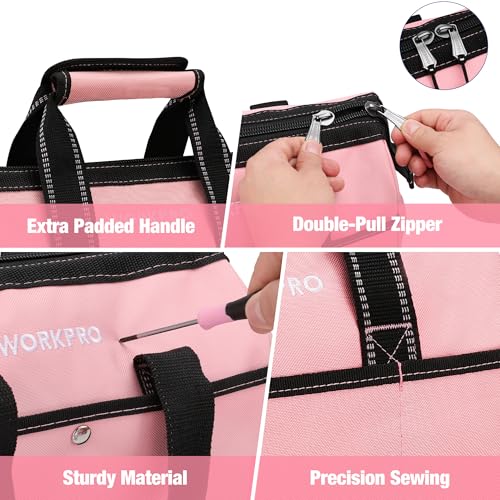 13-Inch Tool Bag, Pink Soft Cloth Tool Storage Bags, Wide Mouth Tool Tote Bag with Inside Pockets - Pink Ribbon - view 7