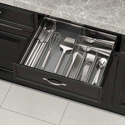 Utensil Drawer Organizer - Expandable Cutlery Tray, Silverware/Flatware Storage Divider for Kitchen, Mesh Designing with Non-slip Rubber Feet (Silver) - view 3