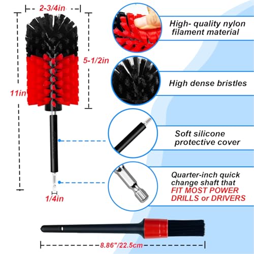 Wheel Brush Kit, Soft Drill Wheel Cleaner Brush, No Scratches Highly Dense Car Cleaning Brush Set for Wheels, Rims, Engines, Exhaust(Red/Black,2Pcs) - view 5